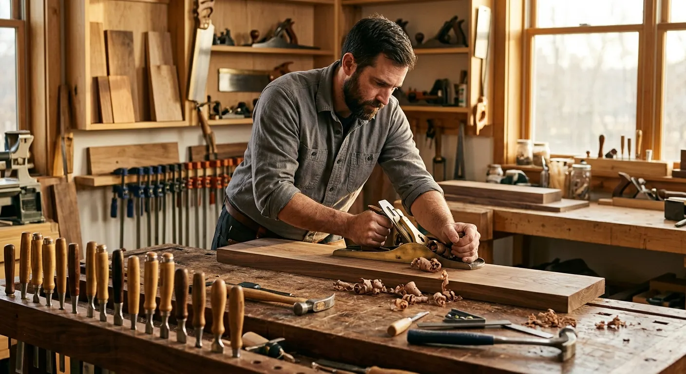 Craftsman hand planing a walnut board at a workbench with brass-toned shop light and polished chisels in the foreground
